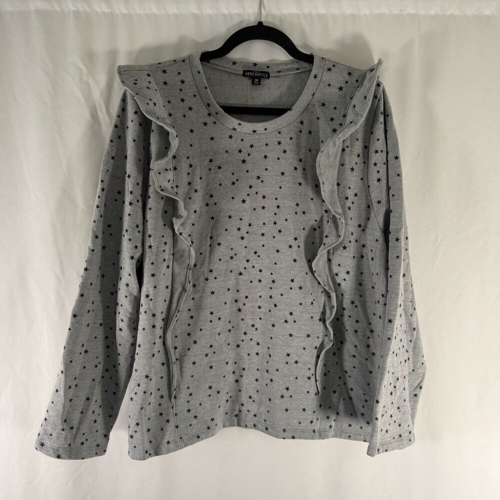 J Crew Mercantile Sweater Women's 2X Grey Star Print Ruffle Trim Pullover Long S
